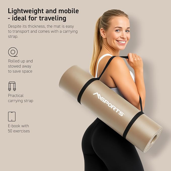 MSPORTS Yoga Mat Premium Non Slip Thick – Extra Comfortable Exercise Mat for Home Workouts, Pilates, Stretching & Gym – Cushioned NBR Foam, Gym Mat with Strap, for Women & Men