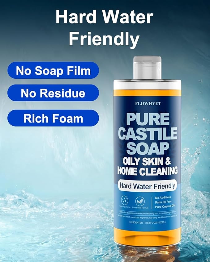 Pure Castile Soap Liquid Unscented 33.8 fl oz, EWG Verified Organic Body Wash，Bath Soap Castile Liquid, Hard Water Friendly for Sensitive & Oily Skin for Body，Face, Hand, Home Cleaner 1L