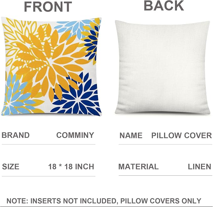 Yellow Blue Throw Pillow Covers 18x18 Set of 6, Daisy Floral Linen Decor | spring floral bloom, decorative cushion cover, Standard Throw Pillow Size, Breathable Linen, Couch Sofa Living Room