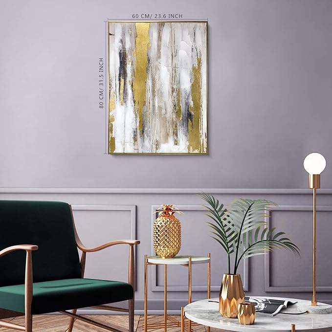 Zessonic Abstract Wall Art with Gold Foil - 24 x 32 Inches Gold and Gray Canvas Print with Texture for Modern Style Decor，Framed, Ready to Hang