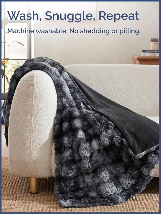 3D Fleece Bubble Blanket Twin - Rabbit Blanket - 60" x 80", Marble Black | Soft Fluffy Faux Fur Blanket for Couch Sofa & Chair, Cozy Gifts for Women, Tie Dye Cloud Throw Bed Cover, Thick Plush Bedding