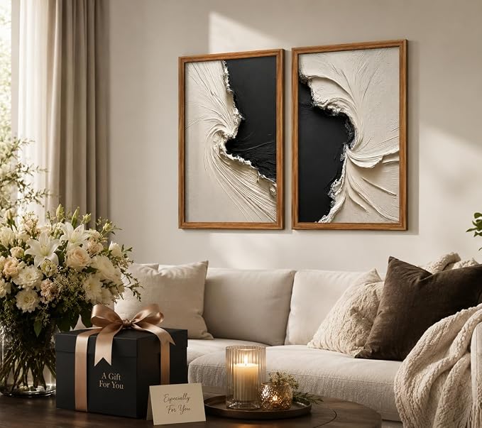 3Pcs Wood Framed Luxury Abstract Canvas Wall Art Textured Relief Painting Prints Modern Neutral Poster Picture Gallery Wall Decor Artwork Print Living Room Bedroom 16x24 Inch Ready to Hang