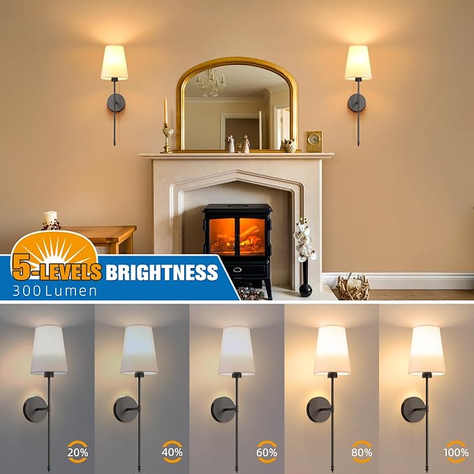 25.4 inch Battery Operated Wall Sconce Set of 2,Black Rechargeable Wall Lights with 10400mAh Dimmable Detachable Bulbs and Remote,9 Colors Wireless Sconces for Bedroom Living Room Hallway
