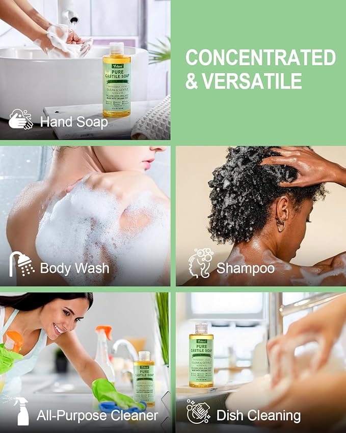 Peppermint Castile Soap Liquid 8 OZ, Made with Certified Organic Oils, Gentle Peppermint Soap for Body Wash, Face, Hands, Dishes, Laundry & More - Vegan & Natural Ingredients Versatile Cleanser
