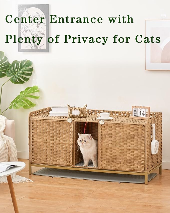 SETVSON Cat Litter Box Enclosure for 2 Cats, Hidden Cabinet, Natural | Handwoven PE Rattan with Double Mats, Spacious Double Room Kitty Furniture, 2 S-Hooks, 47.3x19.7x24 In Spacious & Versatile