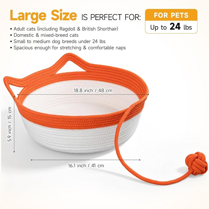 Cotton Rope Woven Cat Bed, Instinct Pet Basket with a Play Ball, Large | Foldable Cat Scratcher Basket for Indoor Cats, Puppies, Rabbits and Small Pets, Orange & White
