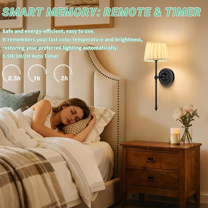 Cordless Wall Sconces Set of 2,10000mAh Small Wireless Battery Operated Wall Sconces Set of Two with RGB LED, Remote, Timer & Dimmable Fabric Gold Wall Lamps for Bedroom, Living Room, Hallway (Black)