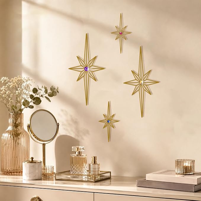 sxnzequnze 4 Pcs Star Wall Art for Home Decor Living Room Bedroom Office Metal 3D,Bling,with Hanging Hook Starburst Midcentury Sculpture Retro Gallery Accent Celestial -Gold 16.5in/9.4in