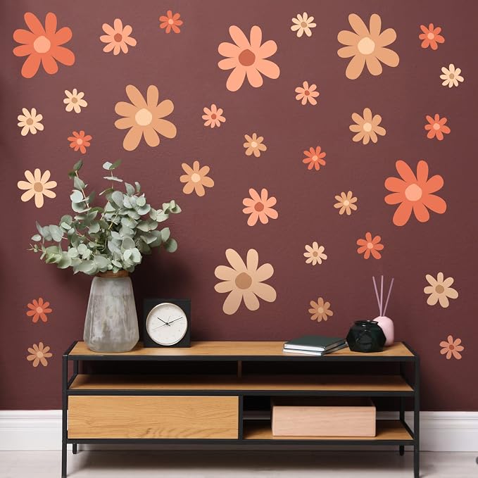 TaoBary 12 Sheet Daisy Wall Sticker Decal,Orange,Colorful Style | Big Flower Wall Sticker, Pink White Floral Decal, Daisy Bedroom Room Decor, Removable Peel and Stick, Nursery Home Wall Decor