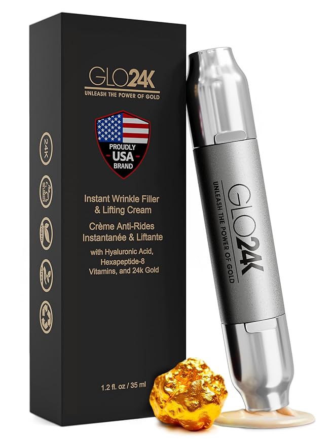 GLO24K Instant Wrinkle Filler for Face, XL Lifting Cream for Eye and Face, Lift and Tightening Non-Invasive with Hyaluronic Acid, 24k Gold, Peptides and Vitamins for Youthful Appearance, 1.2 fl oz