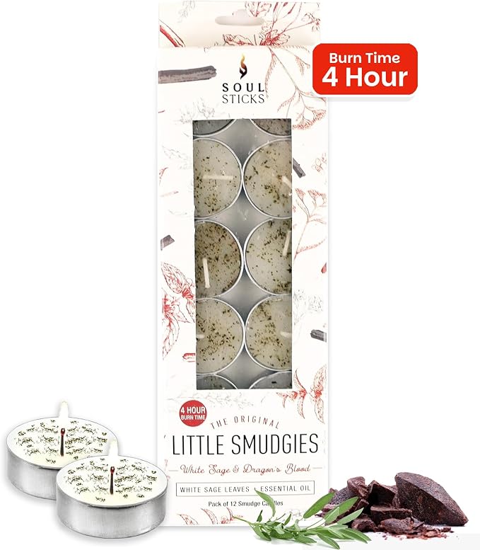 SOUL STICKS 12 Pack Little Smudgies Tealight Candles Smudge Candle for Cleansing House, Meditation, Chakra Healing | Made with Crystals and Herbs (White Sage & Dragon's Blood)