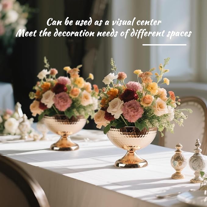 Metal Urn Vases for Centerpieces - 6.3" Tall Flower Pot Planters, Wedding Table Decor, Party Reception, Home Floral Arrangement (2, Gold)