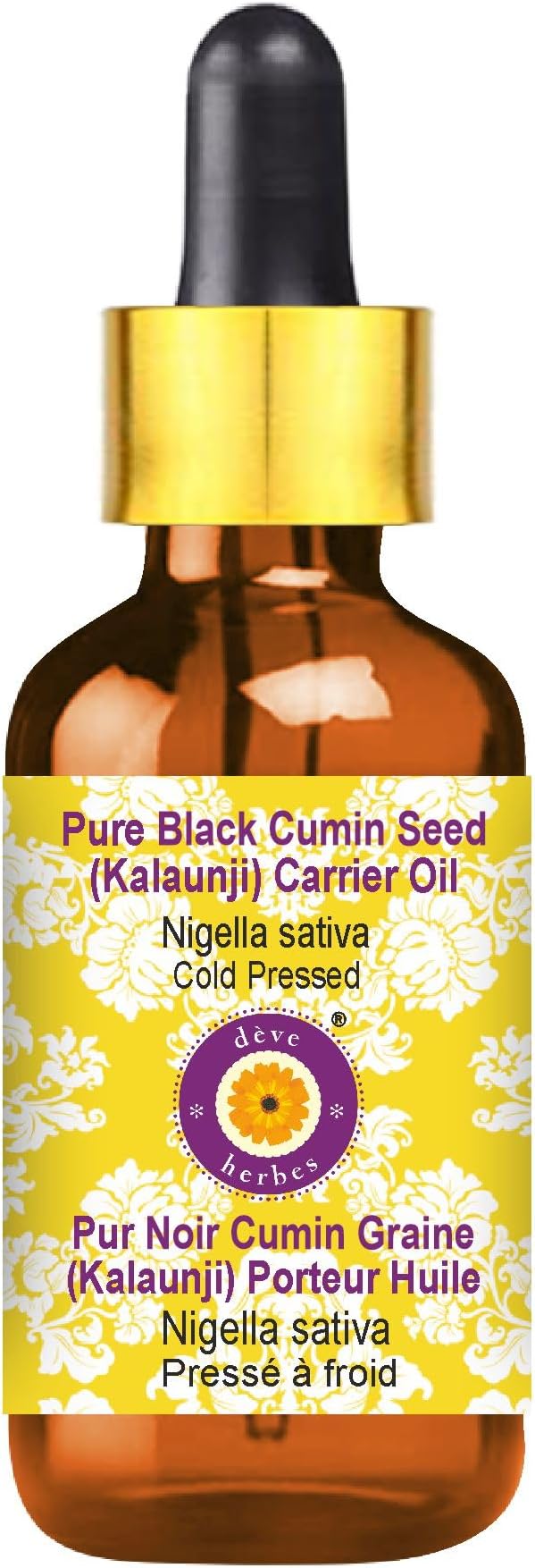 Deve Herbes Black Cumin Seed (Kalaunji) Oil (Nigella sativa) with Glass Dropper | Cold Pressed | Pure | For Diluting Essential oils | Hair, Skin & Massage | Lightweight | Unisex | 30ml (1 oz)
