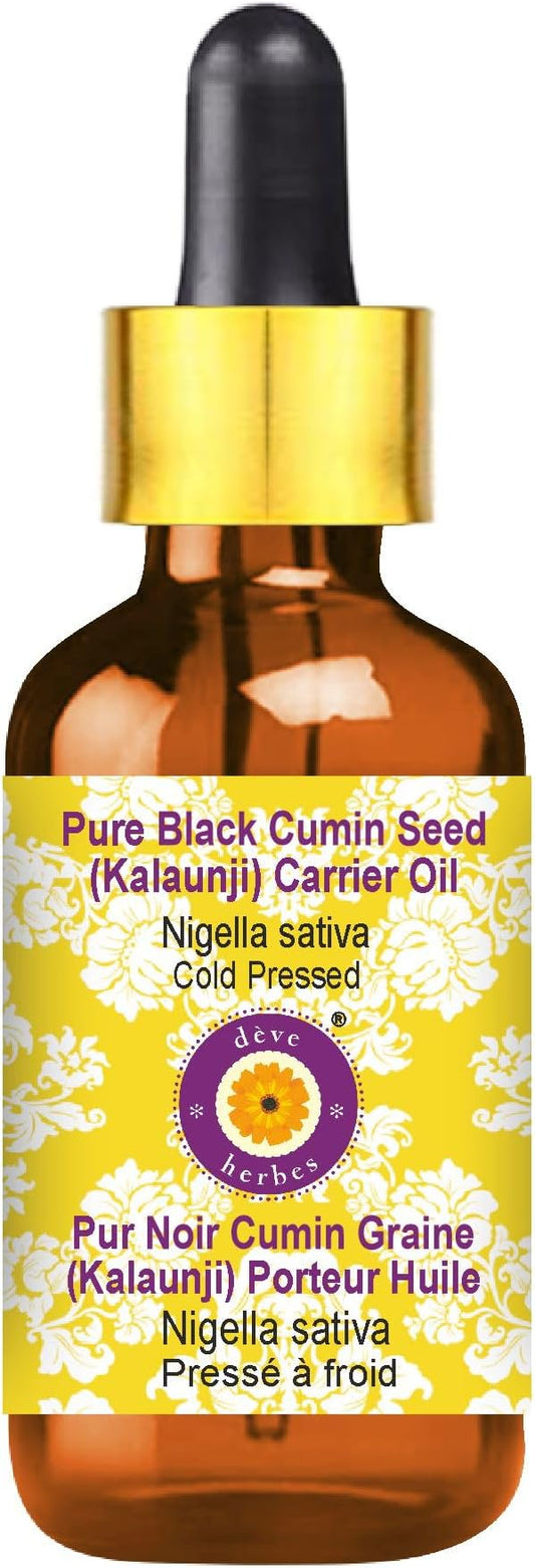 Deve Herbes Black Cumin Seed (Kalaunji) Oil (Nigella sativa) with Glass Dropper | Cold Pressed | Pure | For Diluting Essential oils | Hair, Skin & Massage | Lightweight | Unisex | 30ml (1 oz)