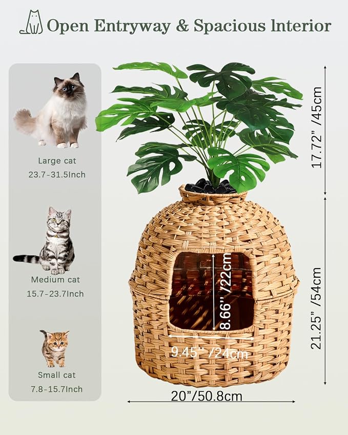 SETVSON Cat Litter Box Enclosure Plant, PE Rattan Kitty House, Natural | Decorative Planter Design, Waterproof Inner PVC Liner, Includes Artificial Plants, Real Stones, Litter Mat, 20x20 Inches