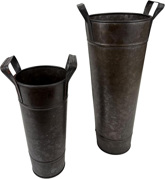 Galvanized Metal Floral Vases with Handles Set of 2 (Charcoal)