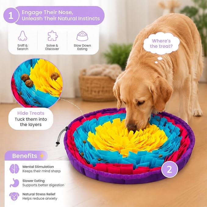 Snuffle Mat for Dogs, 19"x19" - Slow Feeder Bowl & Interactive Dog Puzzle Toy, Enrichment Sniffing Mat for Mental Stimulation, Nosework Foraging Treat Game for Small Medium Large Breed Puppy Cats