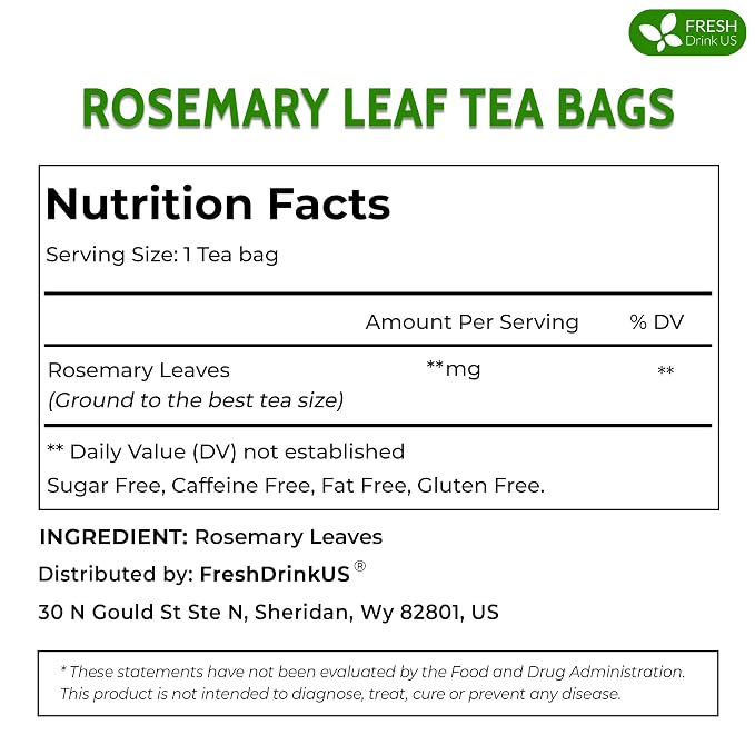 FreshDrinkUS, Premium 75 Rosemary Leaf Tea Bags, 100% Natural and Pure Rosemary Dried Leaves, Pure Herbal Tea, No Additives, No Caffeine, No Gluten, Vegan.
