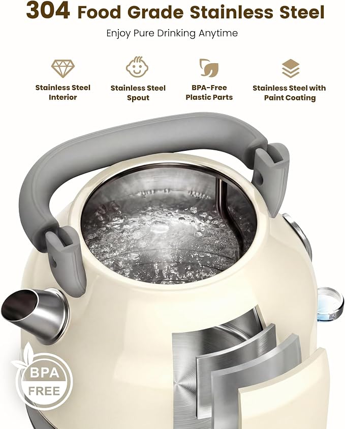 Amaste Electric Kettle, Retro Electric Tea Kettle With Thermometer, 57 Oz Hot Water Kettle For Coffee & Tea, 304 Stainless Steel, 1500w Fast Boiling, Auto Shut-Off & Boil Dry Protection, Cream White