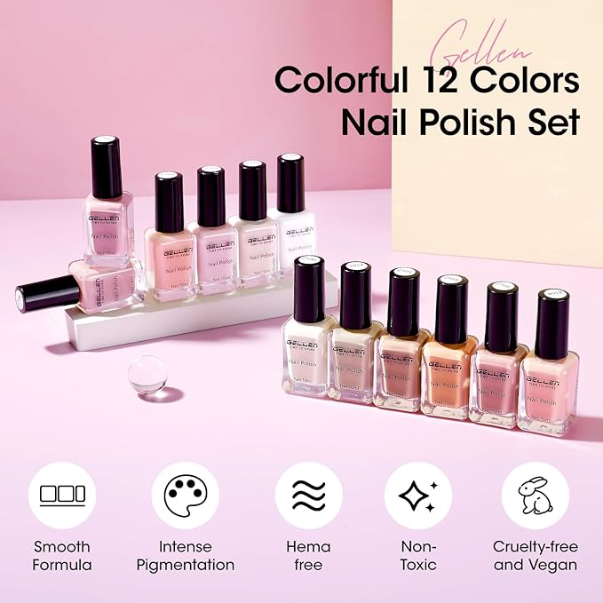 GELLEN French Manicure Nail Polish, Neutral Nude White Regular Nail Polish French Tip Set, Quick Air Dry, 10ml 12-Color Set for Finger Toe Nails Salon Home, Non UV Gel, HEMA Free, TPO Free, Non-toxic