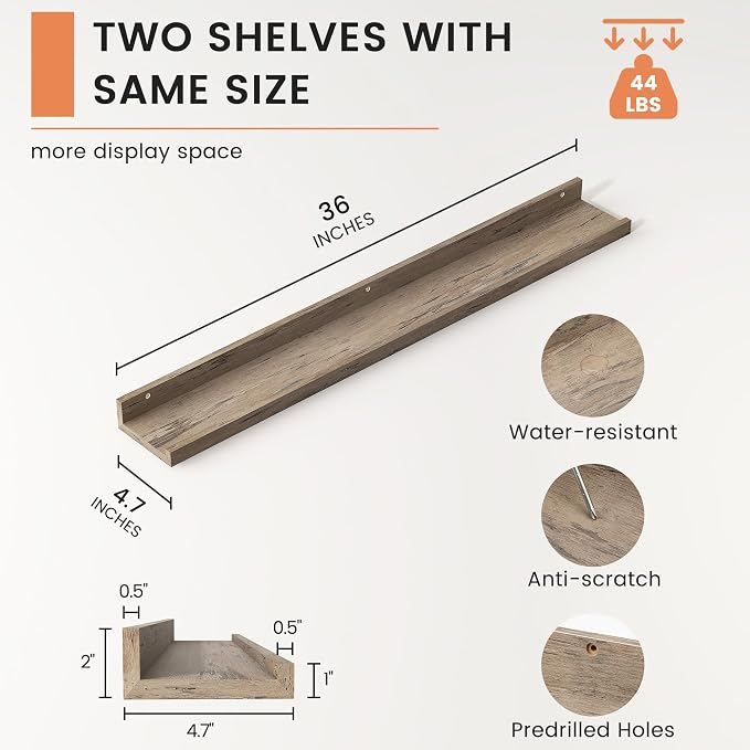 Picture Ledge Shelf, Floating Shelves for Wall, 36" W Set of 2, Grey | FSC Certified Engineered Wood, Wall Mounted Bookshelf, for Nursery Living Room Bedroom, Pre-Drilled, Easy Install
