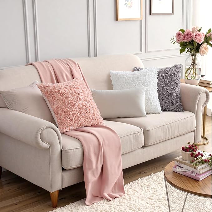 MIULEE Decorative Rose Flower Pillow Cover Pack of 1 Peach Pink 20x20 Inch | Cute Romantic Stereo Chiffon Throw Pillow Cover Aesthetic Solid Pillowcase for Girl Coquette Room Decor Coach Bedroom