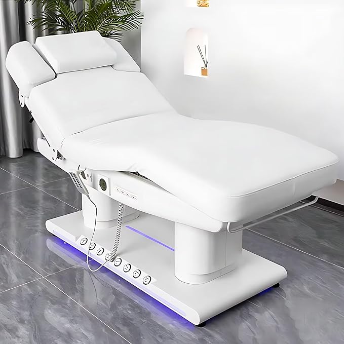 Electric Facial Bed - Message Table Includes White Modern Design with Mood Light,Spa Beauty Bed with Multi-Angle Adjustment & One-Button Heating,Towel Rack for Tattoo Shop