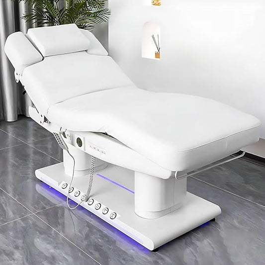 Electric Facial Bed - Message Table Includes White Modern Design with Mood Light,Spa Beauty Bed with Multi-Angle Adjustment & One-Button Heating,Towel Rack for Tattoo Shop