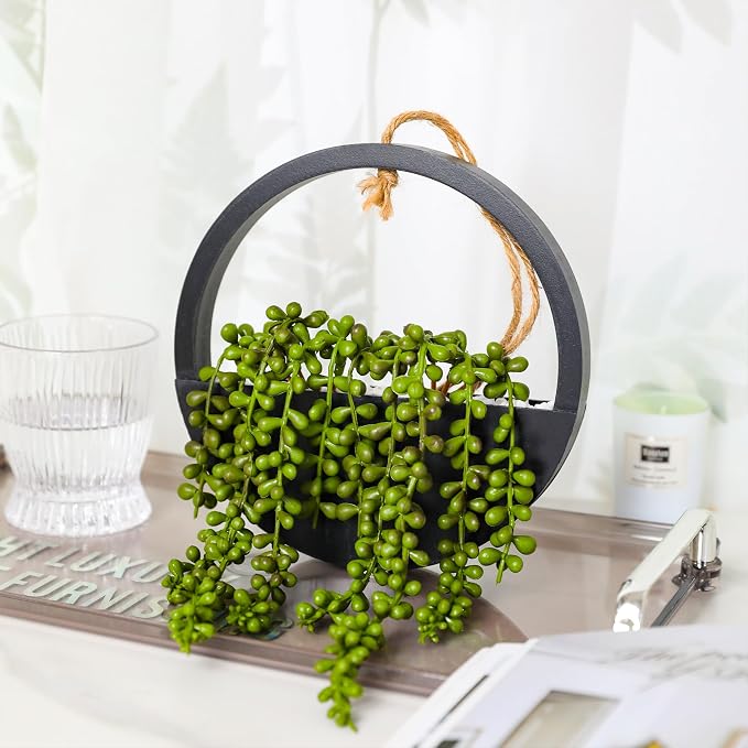 2pcs Artificial Succulents Hanging Plants 12.2'' Fake String of Pearls in Pot with 8.3'' Lanyard for Indoor Outdoor Wall Decor (Black).