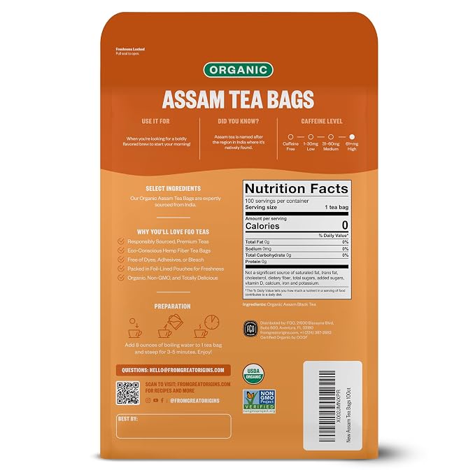 FGO Organic Assam Tea, 100 Count, Eco-Conscious Black Tea Bags, Resealable Bag, Packaging May Vary (Pack of 1)