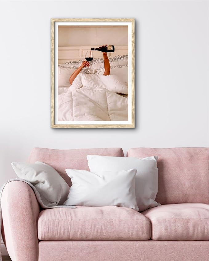 EcoHest 16x20 in Woman Drinking Wine in Bed Framed Wall Art for Bedroom | Solid Oak Wood Frame with Canvas Wall Art, Feminist Wine Wall Decor for Bathroom, Apartment, Dorm, College Room, 1Pack
