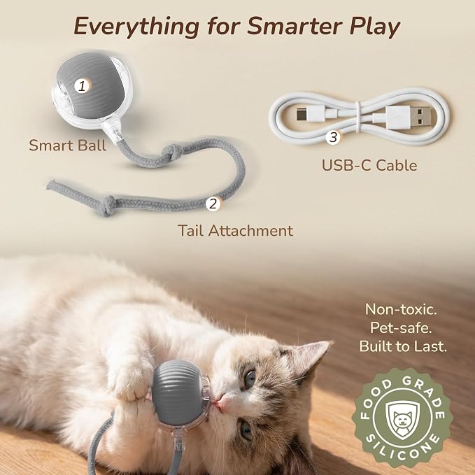 Interactive Cat Toy Automatic Moving Ball, Indoor Cats, Rechargeable, Gray