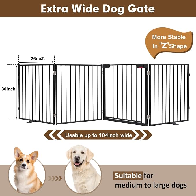 Metal Freestanding Dog Gates with Door 104"x30" Pet Fence Extra Wide | Heavy-duty Foldable Dog Fence - Auto Close Dog Barrier Indoor Outdoor for Doorways, Deck, Yard, Stairs (4 Panels,Black)