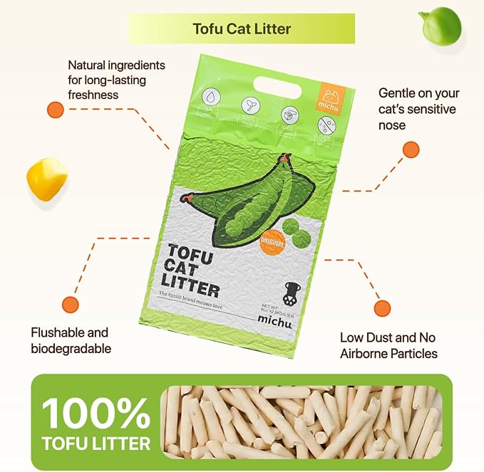 Michu Tofu Cat Litter Natural Clumping Tofu Cat Litter, Fast Clumping and Easily Scoop-able 5.5lb/88oz 5 Scents - Peach, 12 Pack