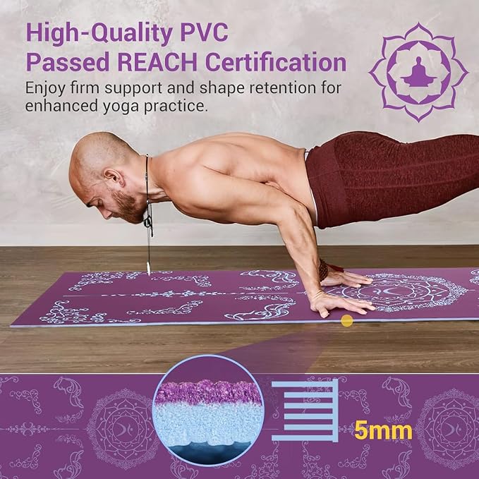 Avoalre Folding Yoga Mat, Eco-Friendly PVC Travel Yoga Mat Packable, Double Sided Non-Slip Printed Yoga Mats with Bag for Home Workout Gym Exercise Fitness Pilates Stretching (72" x 32" x 0.24" Thick)