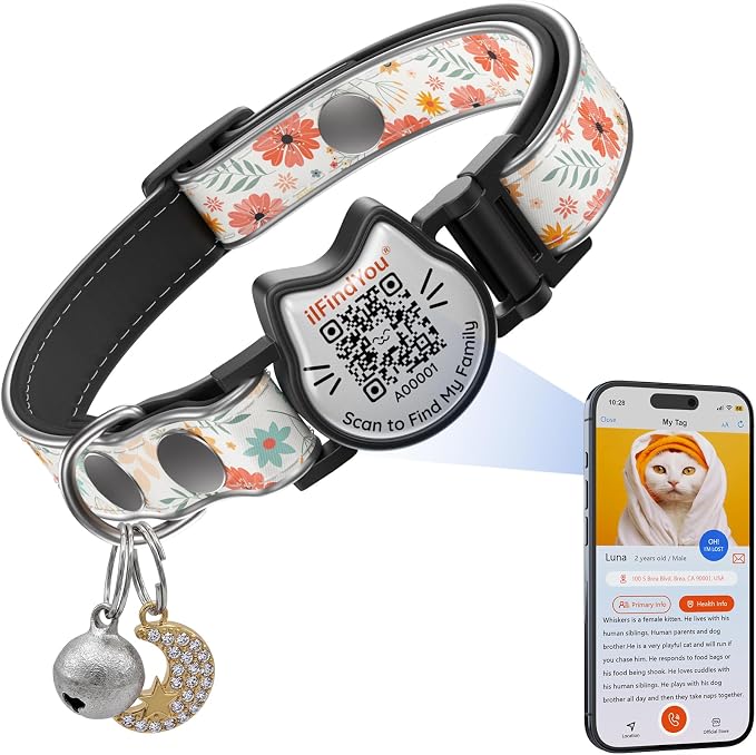 Breakaway Cat Collar QR Code, Reflective Bell, Adjustable Kitten Wht Flower