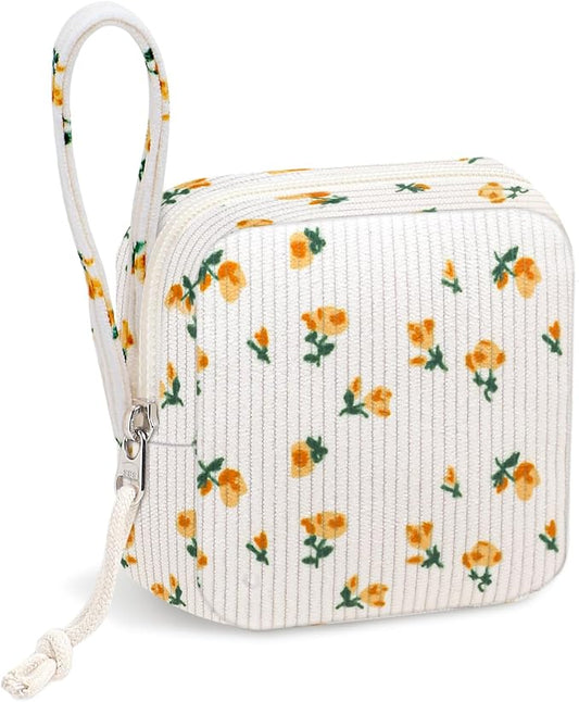 Small Makeup Bag | Discreet Period Bag Pad Pouch for Purse| Sanitary Napkin Storage & Tampon Holder for Travel (Flower yellow)