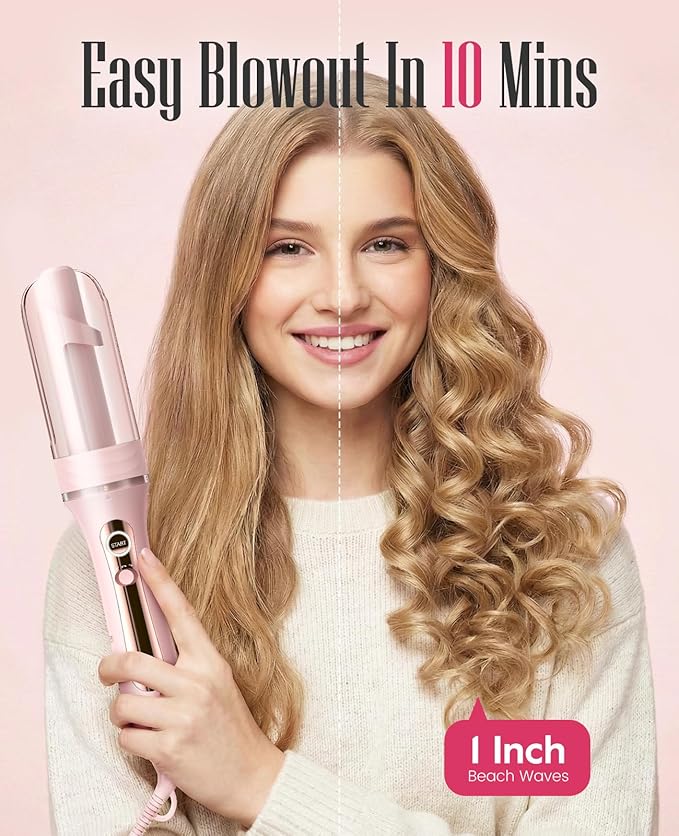 Zavarea Automatic Rotating Curling Iron for Long Hair - 1 Inch Curling Wand for Beach Waves & Loose Curls, Easy Hair Curler for Beginners, Anti-Scald & Frizz-Free, Dual Voltage for Travel