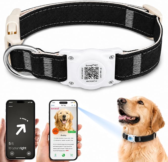 AirTag Dog Collar with QR Code ID, Collar with Air Tag Holder, Black, XL