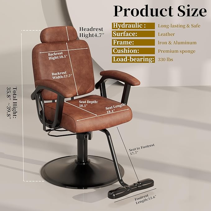 Baasha Premium Brown Reclining Salon Chair with Removable Headrest, All-Purpose Hydraulic Barber Chair, Soft PU Leather, 360° Swivel, 135° Recline, Heavy-Duty Steel Frame, 330 lbs Capacity