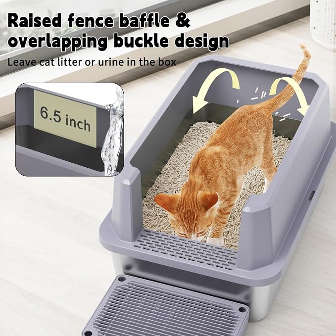 RIZZARI Open Cat Litter Box: Stainless, High Sided, Easy Clean | Spacious for Large Cats / 304 Stainless Anti-Odor / 6.5" Splash Guard / Leak-Proof Seams / Apartments & Laundry