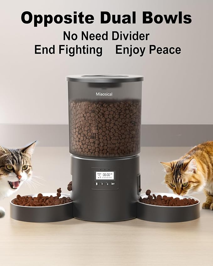 Automatic Cat Feeder 2 Cats, 4.2L Dry Food Auto Dispenser with Double Bowls,Dual Power Supply,Programmable Portion Control,10s Voice Recorder(Black,Stainless Steel Bowls) (Transparent+Black)
