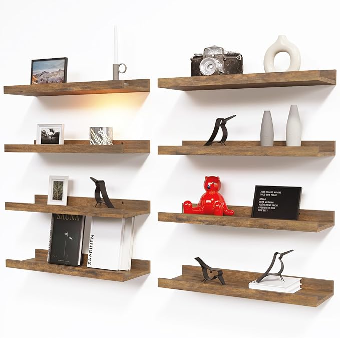 RICHER HOUSE 8-Set Floating Shelves with Lip, Rustic Brown Wall Shelf 16in | Display Picture Ledge Shelf, Anti-drop lip Shelf for Room Wall Decor, Bedroom Bathroom Storage Nursery Hanging Book Shelves
