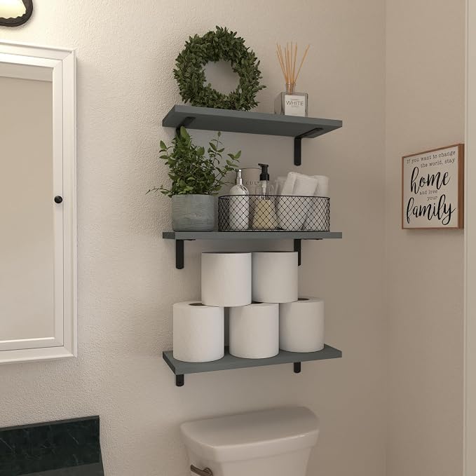 Wood Floating Shelves Set of 6, Shelves for Wall Decor, Farmhouse Shelf for Bedroom, Bathroom Storage Shelves, Book Shelves for Living Room-Grey