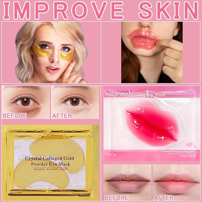 20 Pairs Lip Mask & Eye Mask, 24K Crystal Collagen Under Eye Patches for Puffy Eyes, Party Favors Adults, Bridesmaid Gifts, Bachelorette Party Accessories, Skincare Bulk, Galentines Day Gifts
