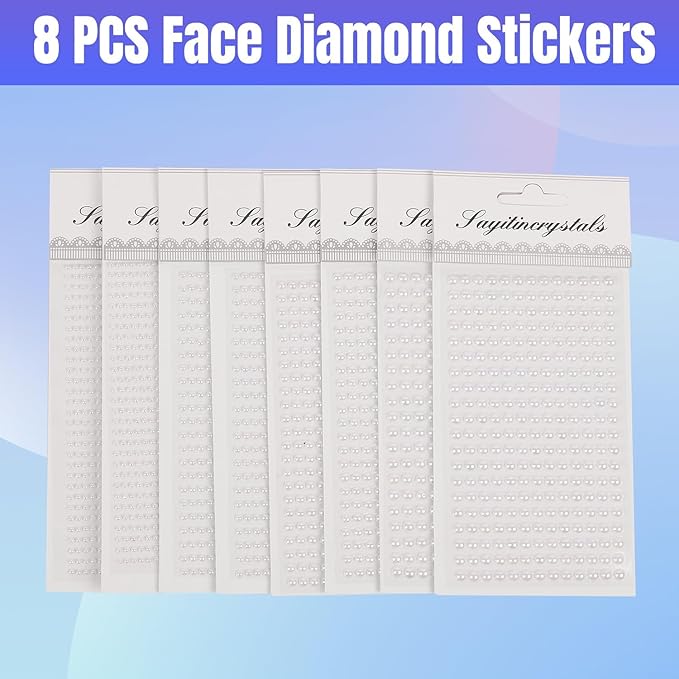 8 Sheets Rhinestone Stickers，3584 Pcs Gem Stickers for DIY Face Eyes Makeup Hair（Pure White Pearl-3/4/5/6mm）
