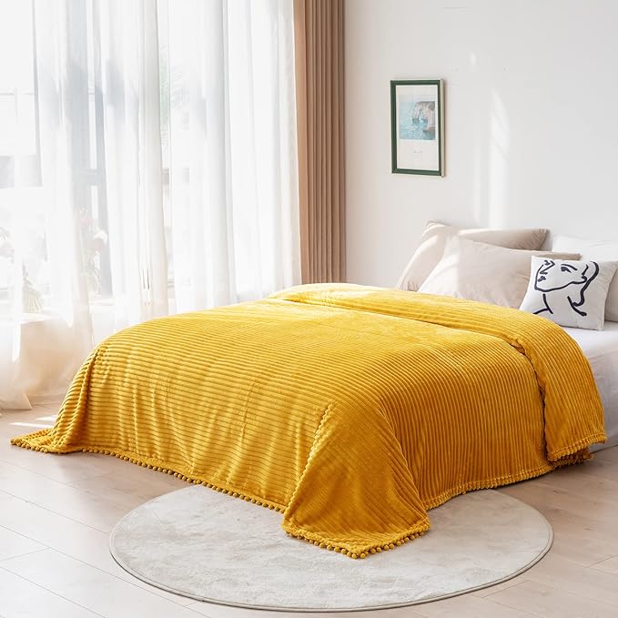 DISSA Fleece Blanket Throw Size – 51x63, Yellow Soft, Plush, Fluffy, Fuzzy, Warm, Cozy Perfect for Couch, Bed, Sofa - with Pompom Fringe Flannel