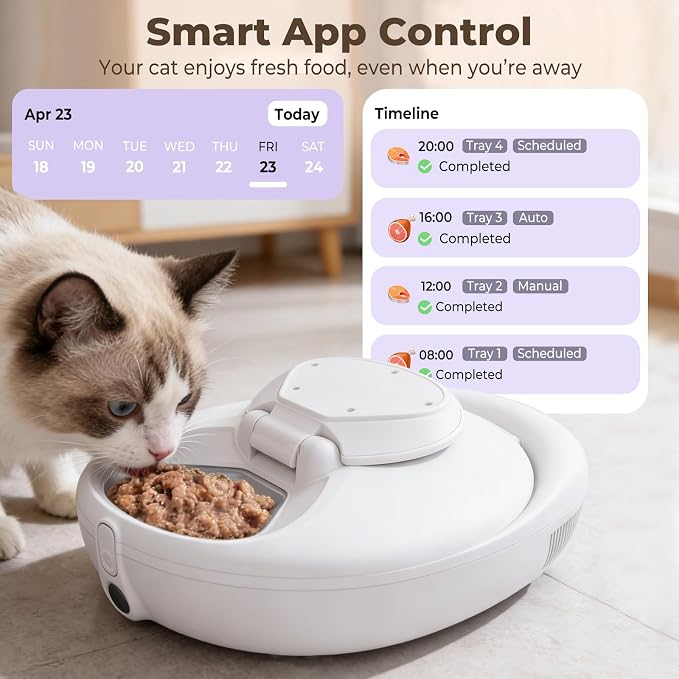 Robotail Automatic Cat Feeder for Wet Food, Smart Dual-Temp Semiconductor Cooling & Heating Auto Cat Feeder with Multi-Function App, 4 Fresh Meal for Cats Small Dog Easy to Clean
