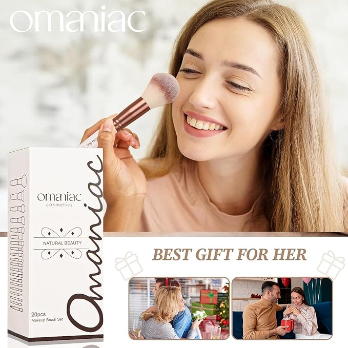 OMANIAC 20Pcs Makeup Brush Set Professional - Premium Synthetic Foundation Eyeshadow Blending Face Powder Brushes with Travel Case - Cruelty-Free Beauty Gift Kit for Beginners & Women (White)