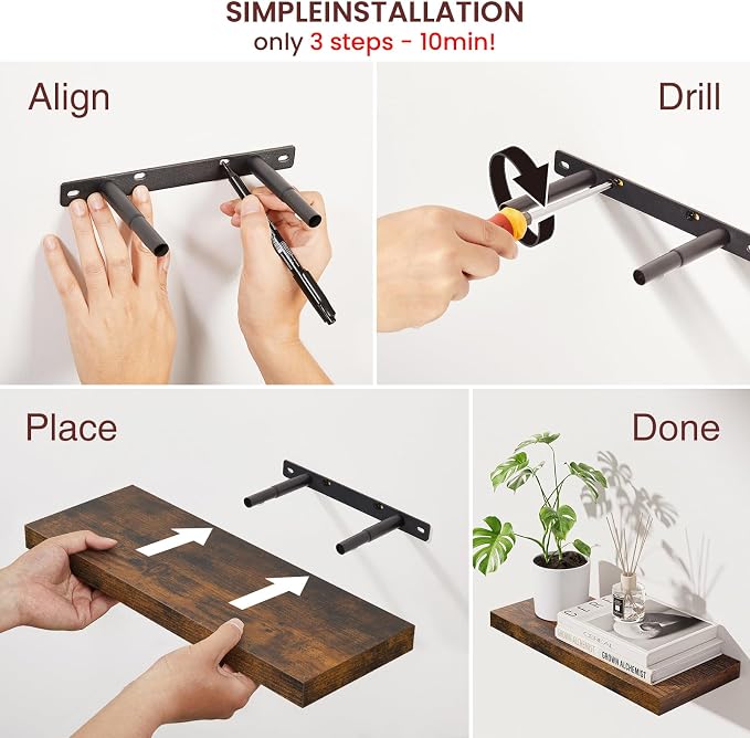 BAYKA Rustic Brown Floating Shelves 15.7in, Set of 4, Wall Mount Wood Shelf | Easy Install, 22lbs Max Load, Hidden Bracket, Hanging Shelf for Books Storage/Room Decor, Multi-Wall Compatible